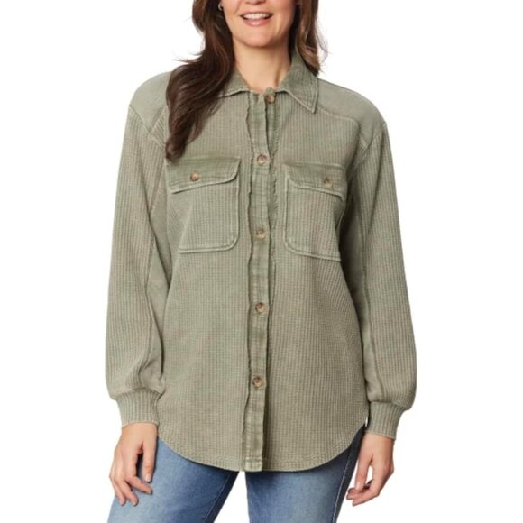 Briggs NWT Women's Relaxed Fit Button Long Sleeve Waffle Shirt Green - Picture 1 of 13